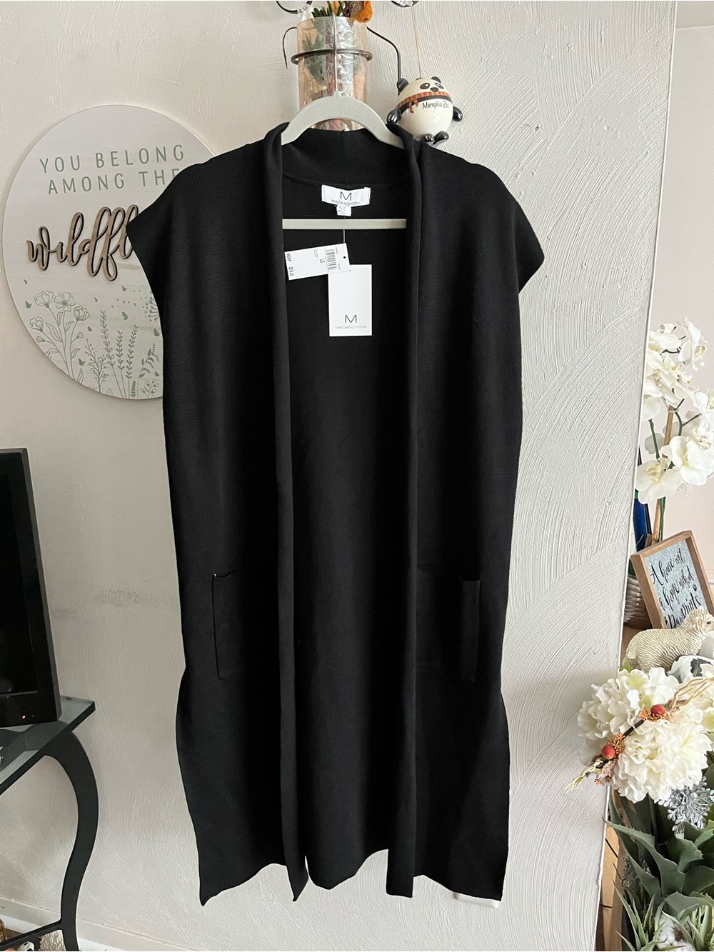 Magaschoni Black Sleeveless Open Cardigan Vest